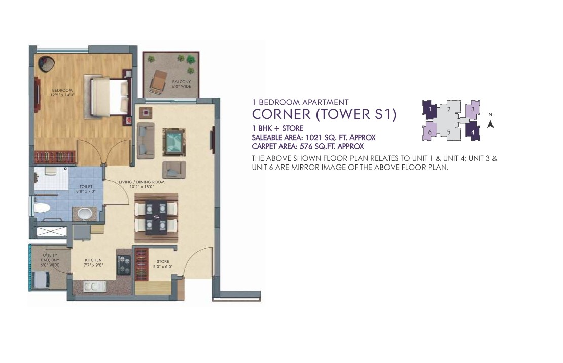 1 Bedroom + Store, Corner, Tower S1 floor plan